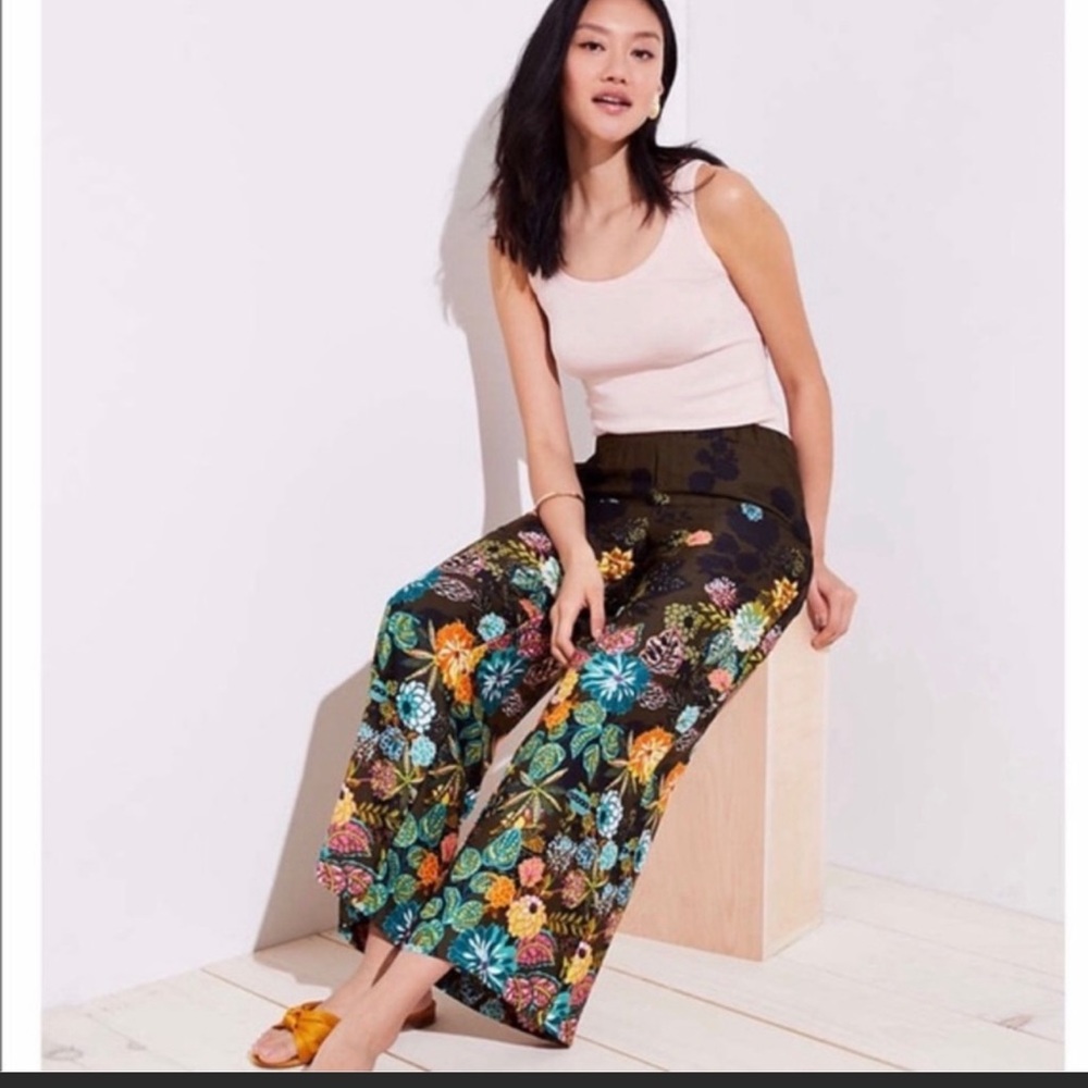 Loft Floral Dark Green Wide Leg Pants